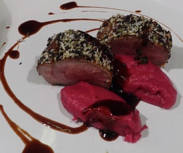 Veal Fillet in a Sesame Crust with Potato and Beetroot Mash