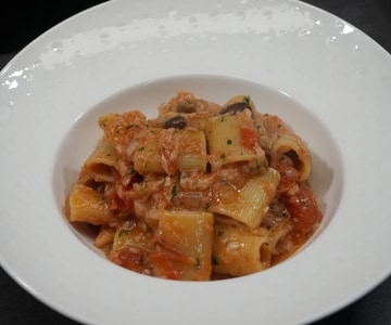 Pasta with Cod, Olives, and Tomatoes