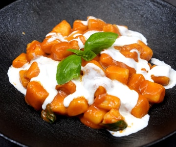 Potato Gnocchi with Cherry Tomato Cream, Shrimp and Burrata