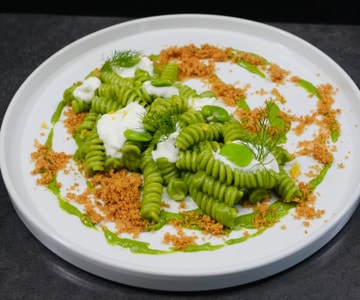 Fusilli with Fava Bean Cream and Burrata