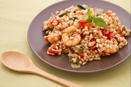 Barley salad with anchovies, shrimp, and cherry tomatoes