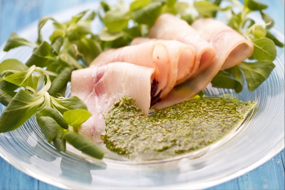 Swordfish Carpaccio with Green Mustard Sauce