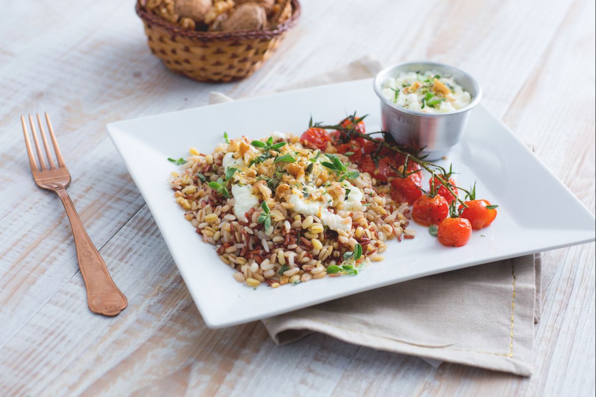 Red Rice and Grains with Buffalo Mozzarella and Roasted Cherry Tomatoes