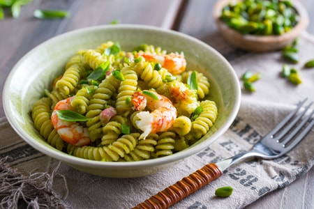 Pasta with Pistachio Pesto and Shrimp