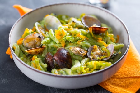 Sardinian Gnocchetti with Clams and Zucchini Cream