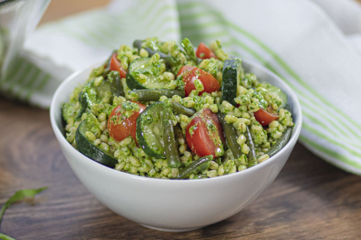 Barley Salad with Arugula Pesto, Green Beans and Zucchini