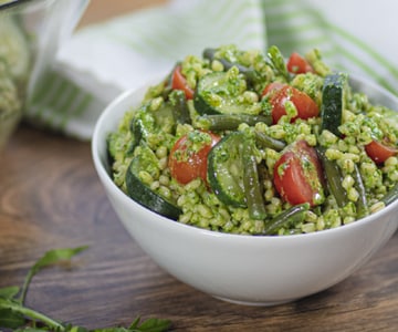 Barley Salad with Arugula Pesto, Green Beans and Zucchini