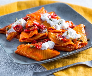 Pasta with Cherry Tomatoes, Capers, Stracciatella