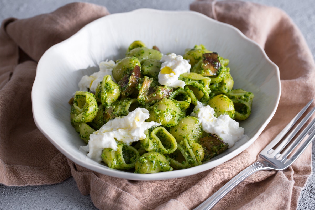 Pasta with Arugula Pesto, Eggplants in Oil, and Stracciatella