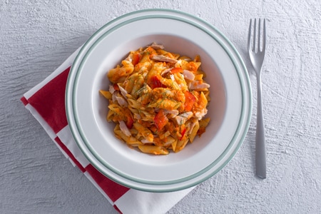 Pasta with Pepper Cream, Caciotta Cheese, and Tuna