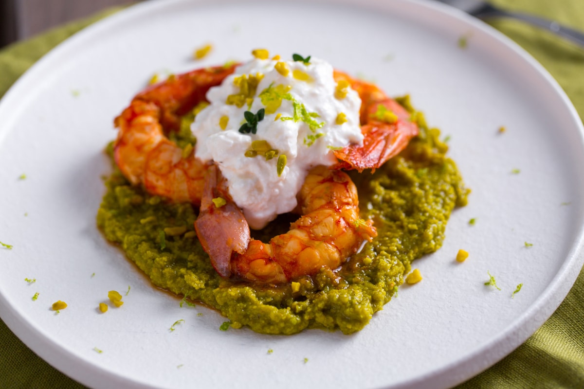 Prawns with Brandy, Stracciatella, and Pistachio