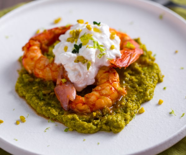 Prawns with Brandy, Stracciatella, and Pistachio