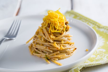 Spaghettoni with Anchovy, Pistachios, and Candied Lemon