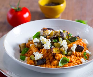 Roasted Tomato Pasta with Eggplants and Zucchini