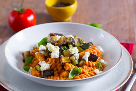 Roasted Tomato Pasta with Eggplants and Zucchini