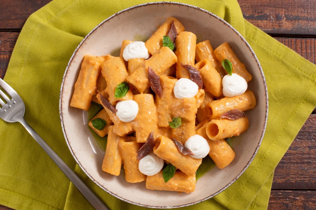 Pasta with Sun-dried Tomato Pesto, Ricotta, and Anchovies