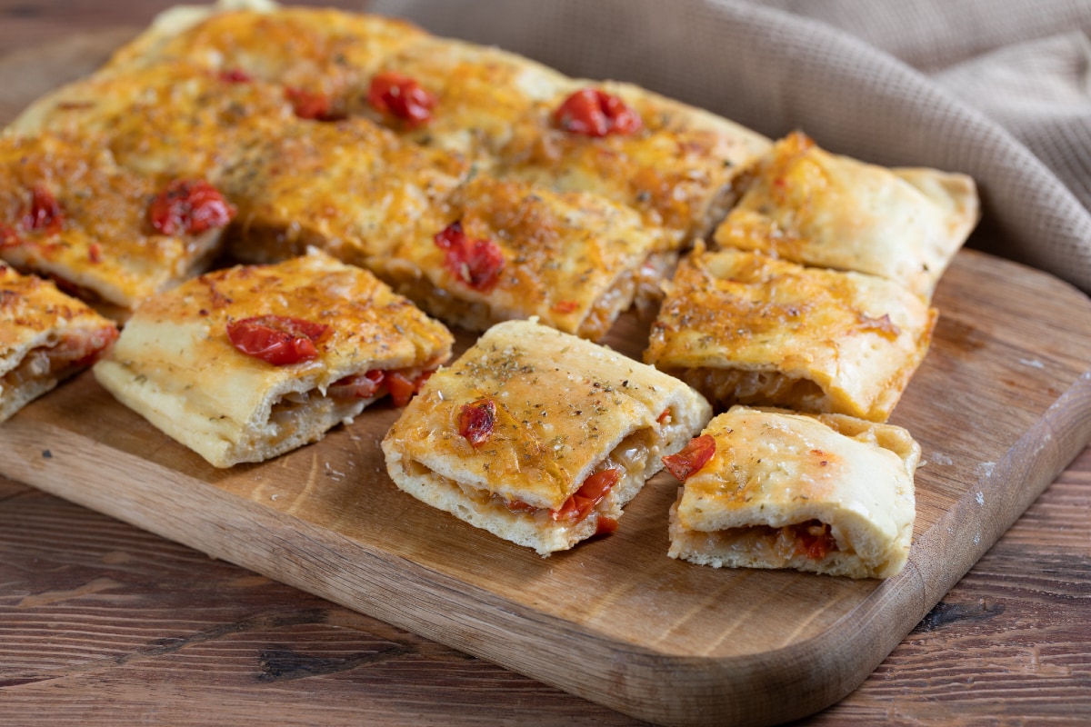 Stuffed Focaccia with Onions and Cherry Tomatoes