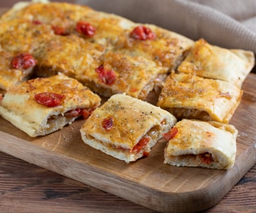 Stuffed Focaccia with Onions and Cherry Tomatoes