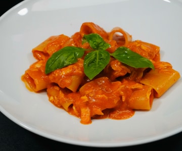 Paccheri and Baked Sea Bram with Bell Pepper Sauce