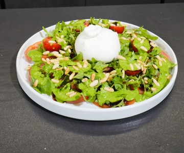 Burrata, Tomato, and Basil Pesto Salad, with Toasted Pine Nuts