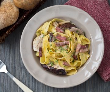 Pappardelle with speck and porcini mushrooms