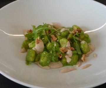 Potato Gnocchi with Arugula Pesto and Walnut Cream