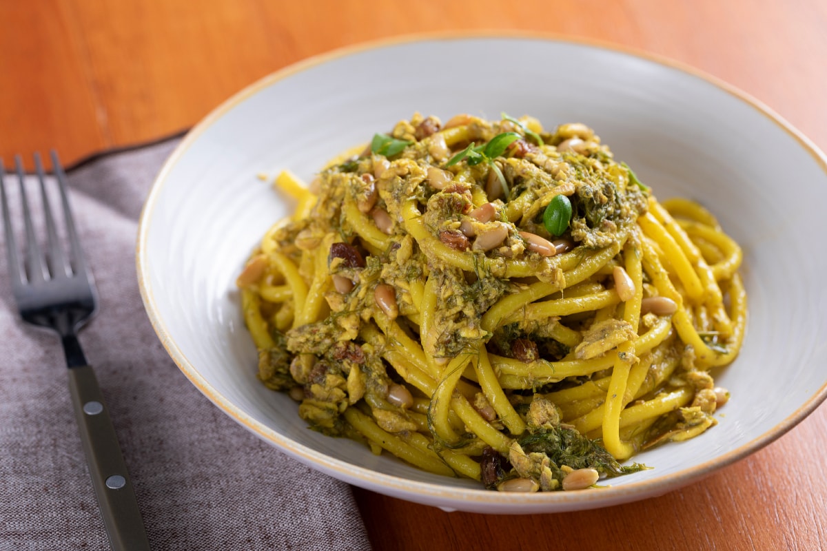 Bucatini with sardines, raisins, and pine nuts