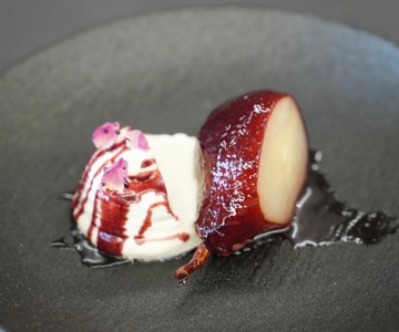 Poached pears in red wine with mascarpone foam