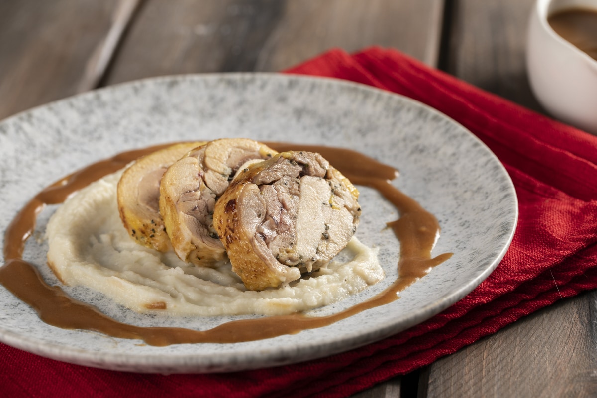 Capon roulade with celery root purée