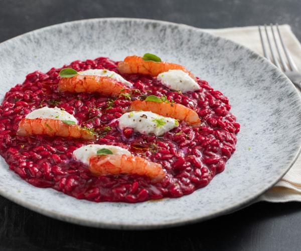 Risotto with Champagne, Beetroot and Prawns