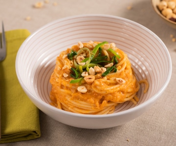 Spaghetti with Leek Cream, Nduja, and Hazelnuts