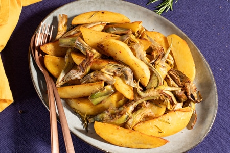 Artichokes and Potatoes in a Pan