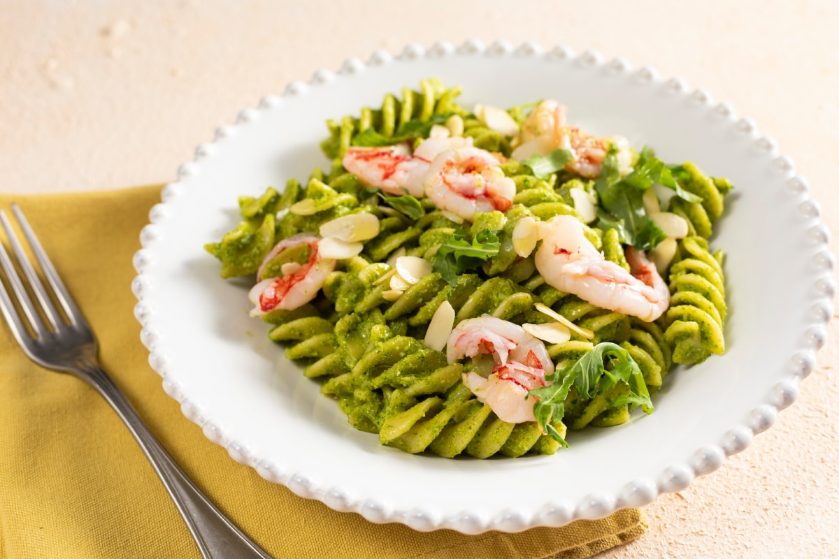 Pasta with Arugula Pesto and Shrimp