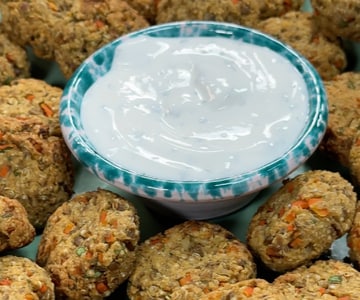 Vegetarian lentil and quinoa meatballs with yogurt mint sauce