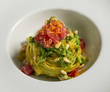 Tagliatelle with broccoli, tuna, and bottarga