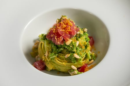 Tagliatelle with broccoli, tuna, and bottarga