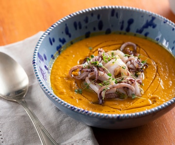 Carrot and Ginger Soup with Toasted Squid