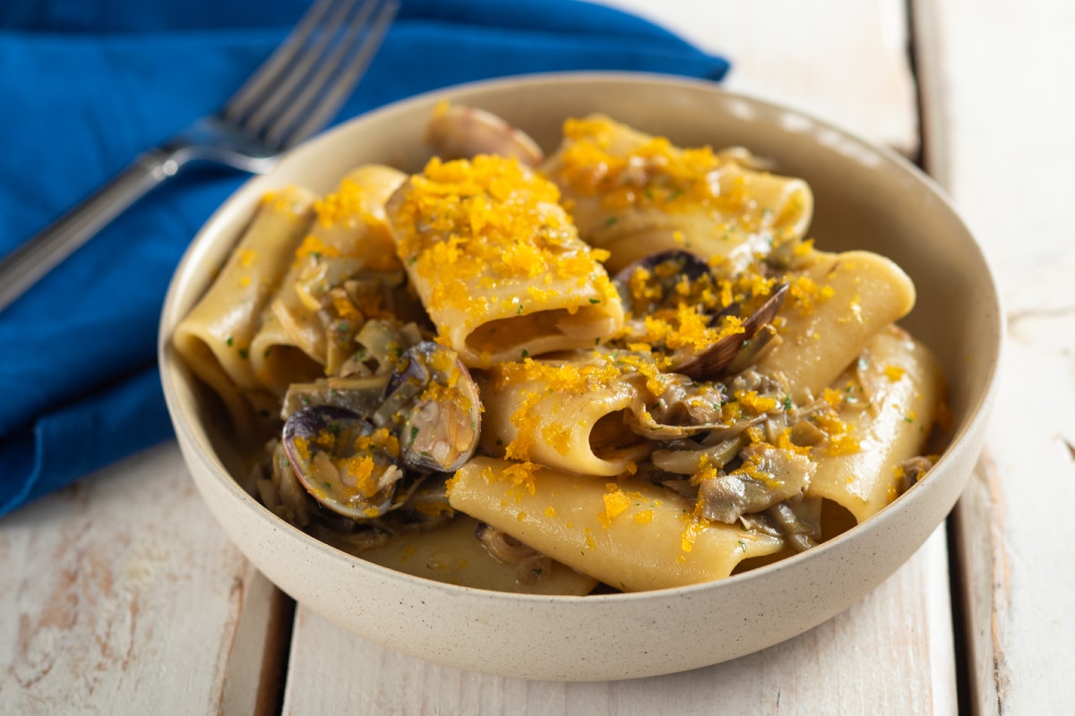 Paccheri with artichokes, clams, and bottarga